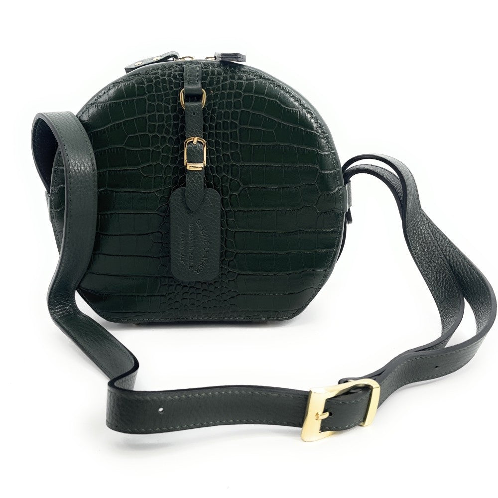 Sac rond à bandoulière en cuir façon croco DRUM Vert forêt