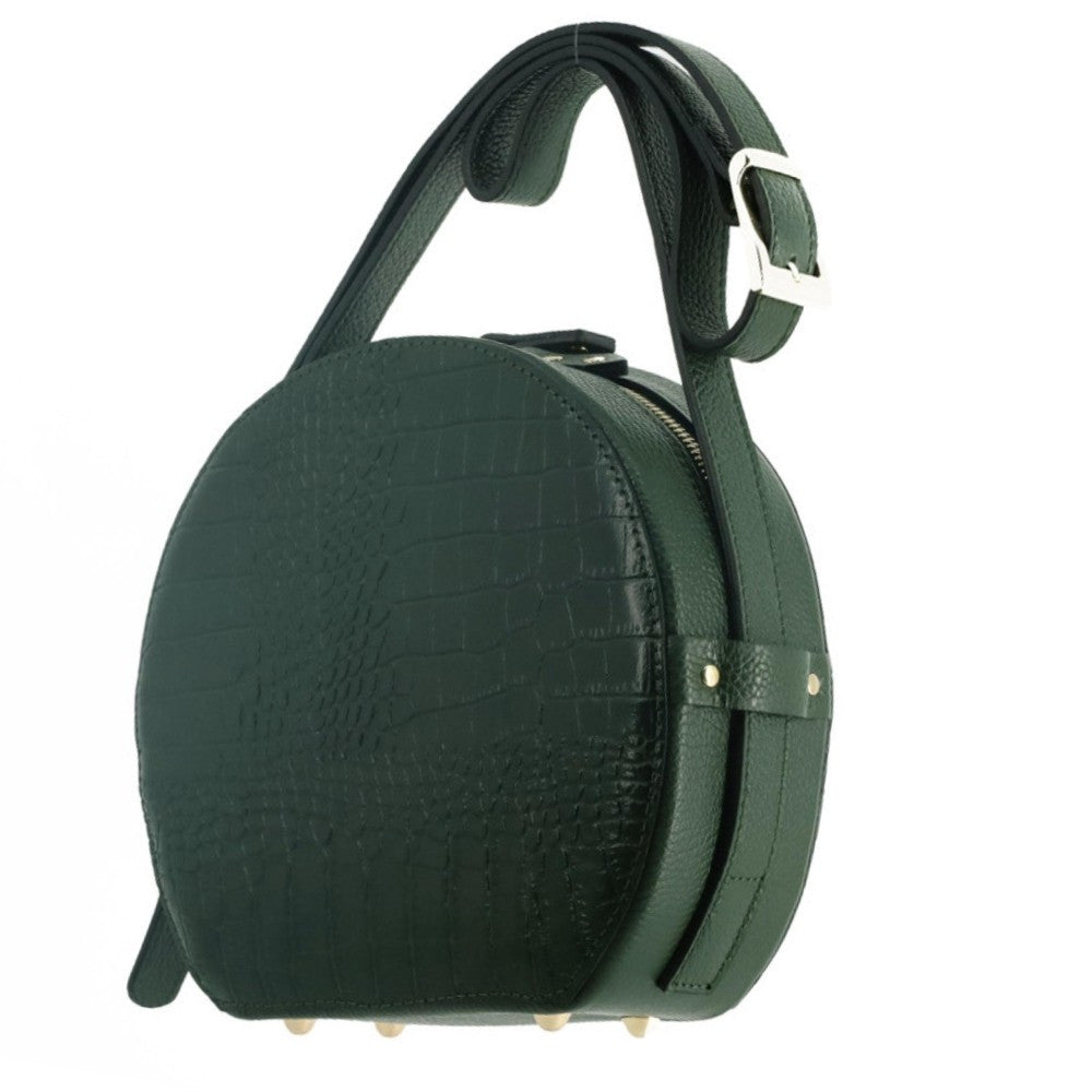 Sac rond à bandoulière en cuir façon croco DRUM Vert forêt