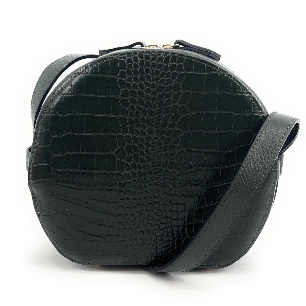 Sac rond à bandoulière en cuir façon croco DRUM Vert forêt
