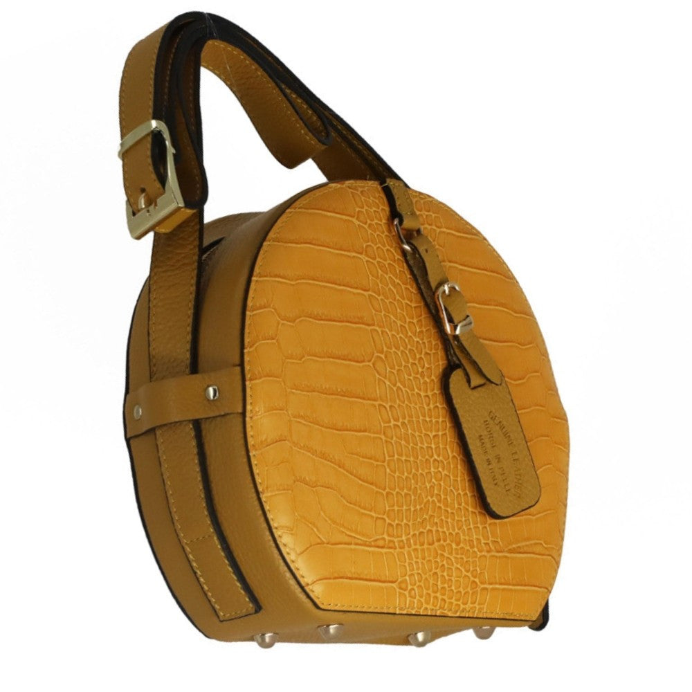 Sac rond à bandoulière en cuir façon croco DRUM Jaune Moutarde