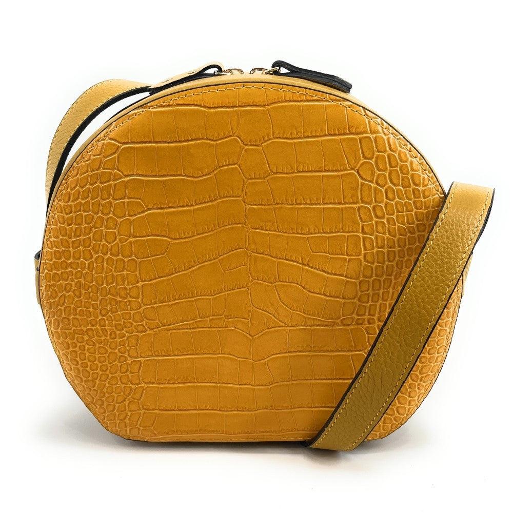 Sac rond à bandoulière en cuir façon croco DRUM Jaune Moutarde