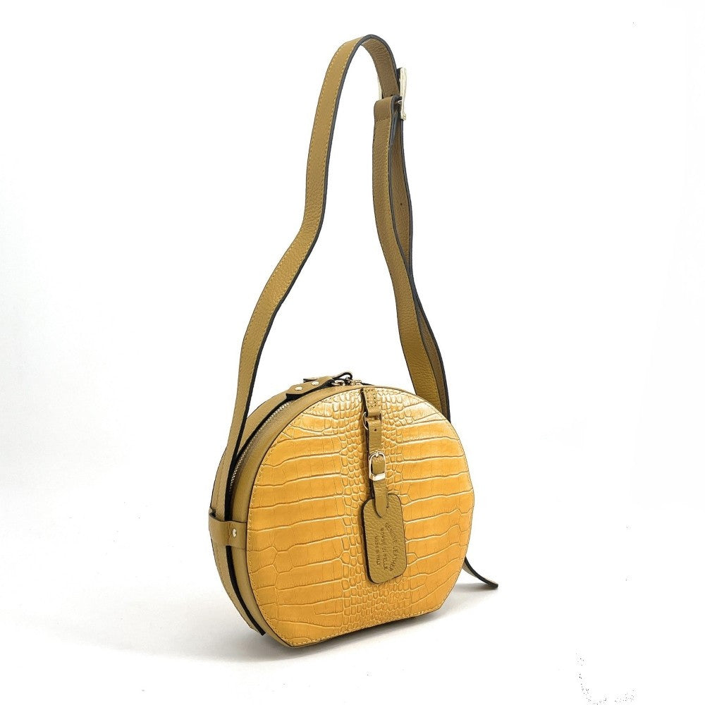 Sac rond à bandoulière en cuir façon croco DRUM Jaune Moutarde