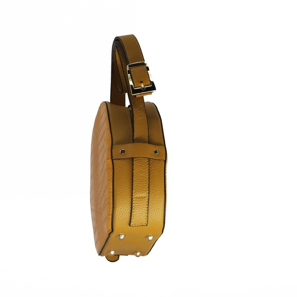 Sac rond à bandoulière en cuir façon croco DRUM Jaune Moutarde