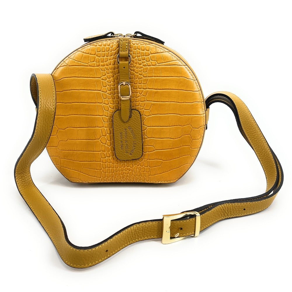 Sac rond à bandoulière en cuir façon croco DRUM Jaune Moutarde