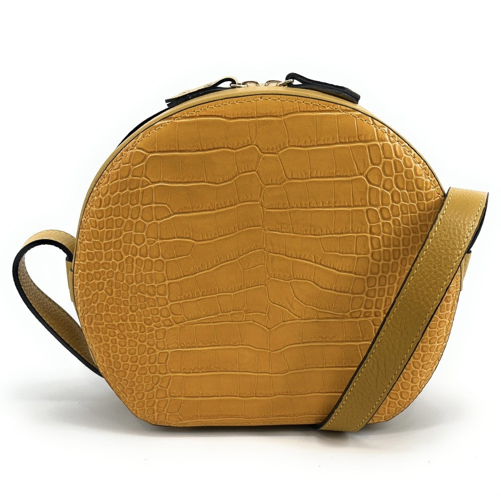 Sac rond à bandoulière en cuir façon croco DRUM Jaune Moutarde