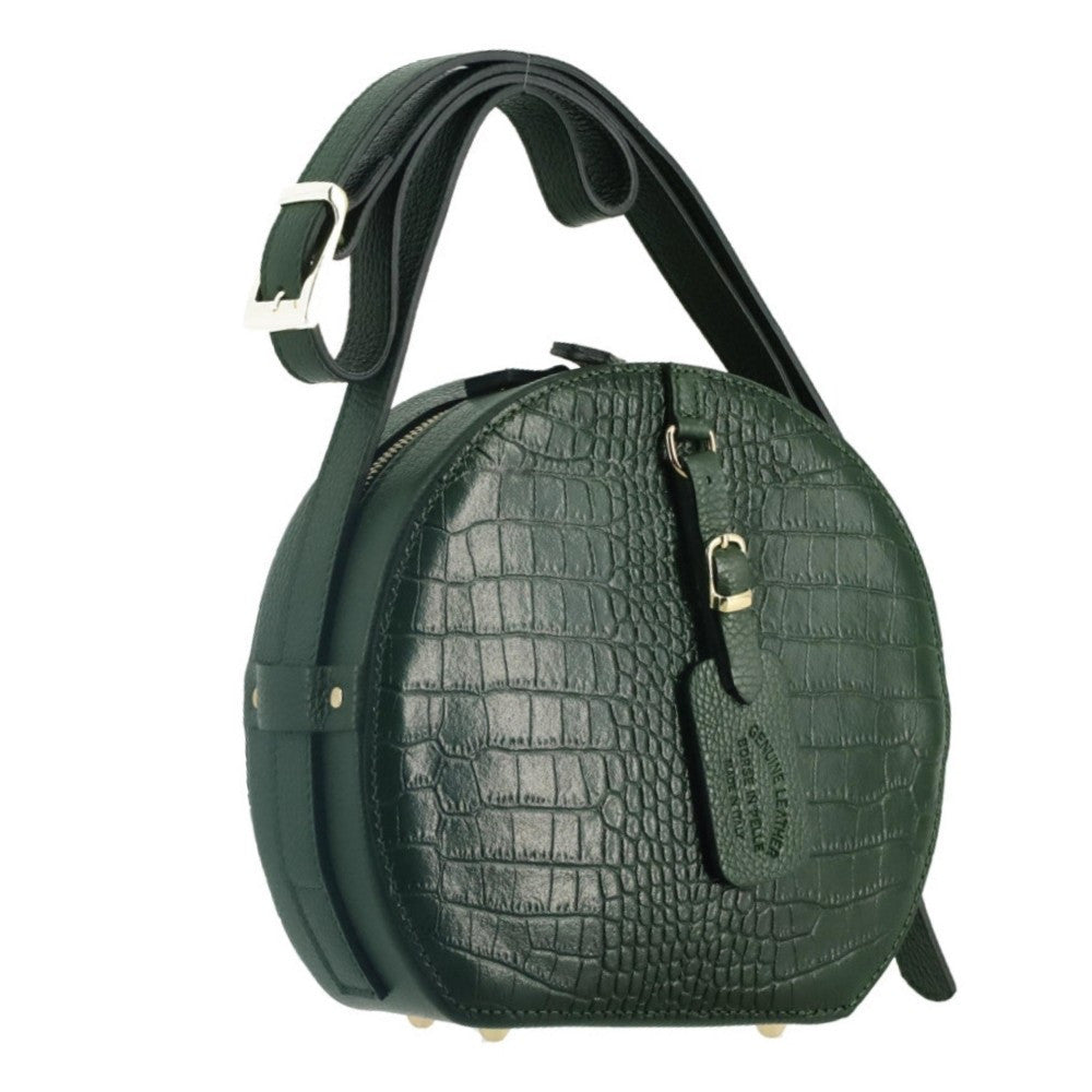Sac rond à bandoulière en cuir façon croco DRUM Vert forêt