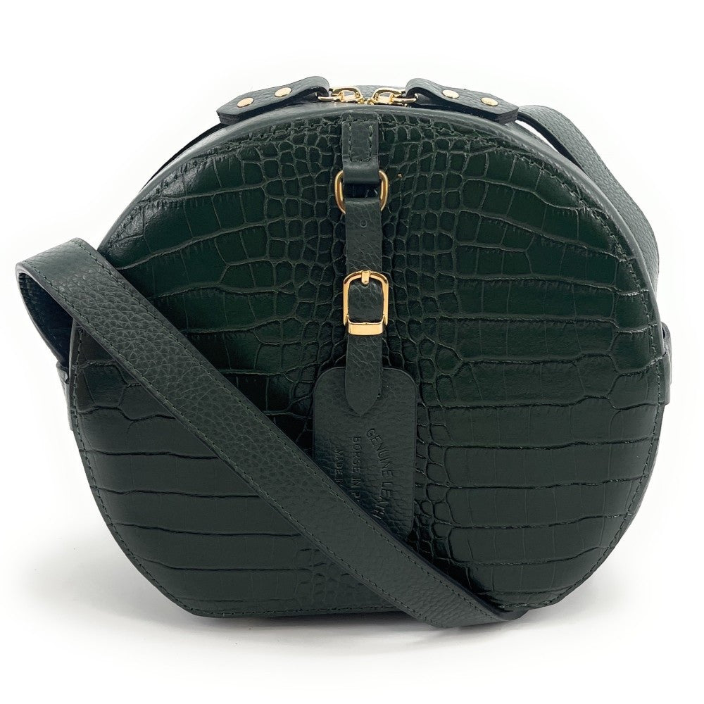 Sac rond à bandoulière en cuir façon croco DRUM Vert forêt