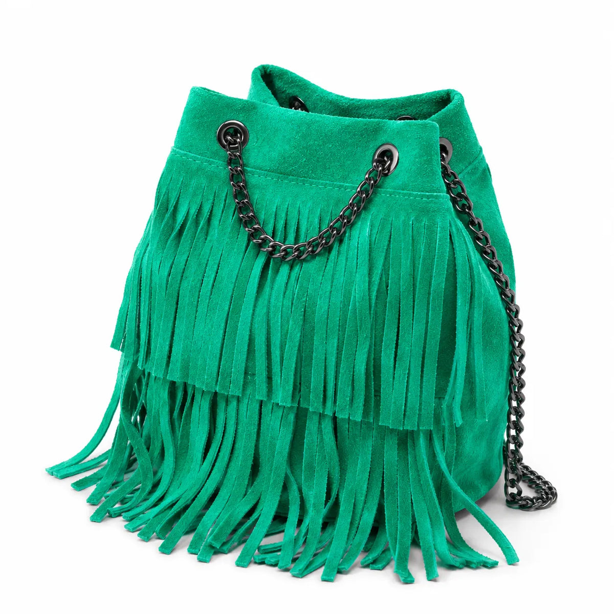 Borsa a mano con frange in pelle scamosciata TADI Verde menta