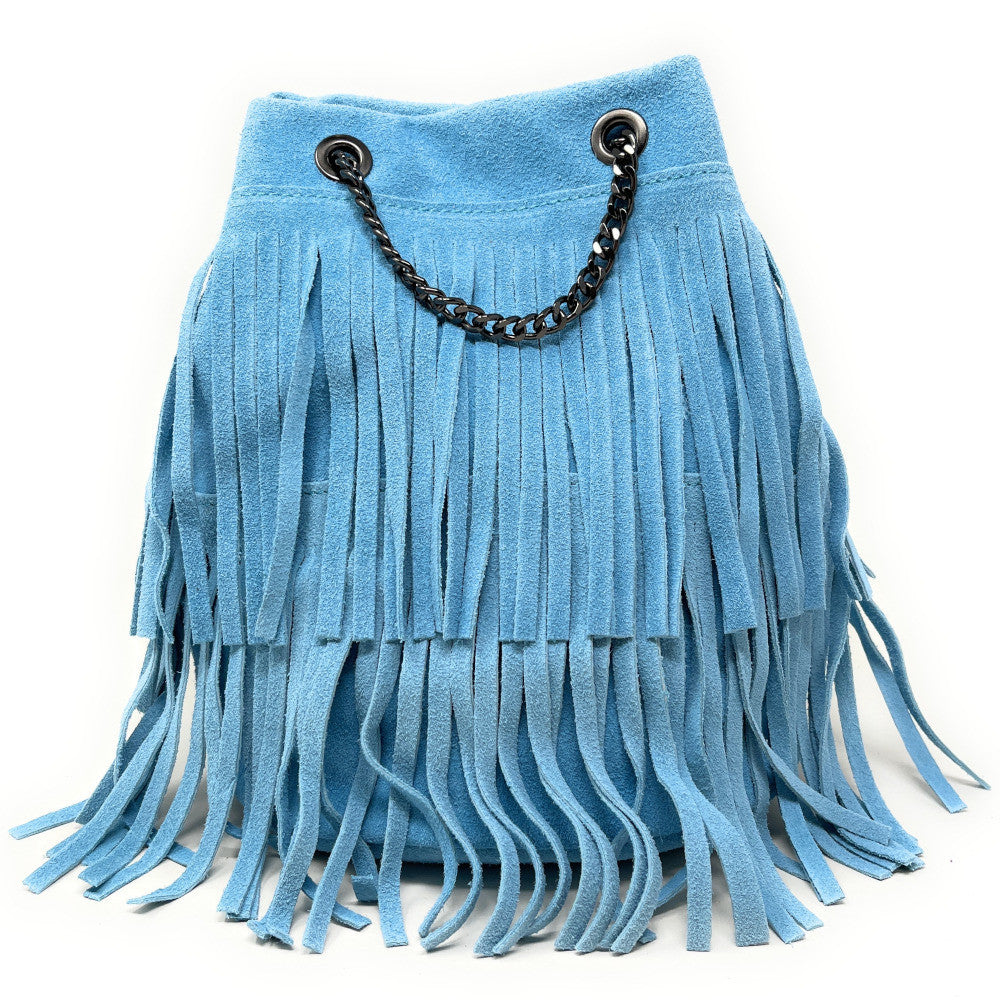 Sac à main à franges en croûte de cuir TADI Bleu céleste