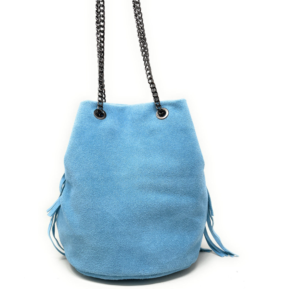 Sac à main à franges en croûte de cuir TADI Bleu céleste