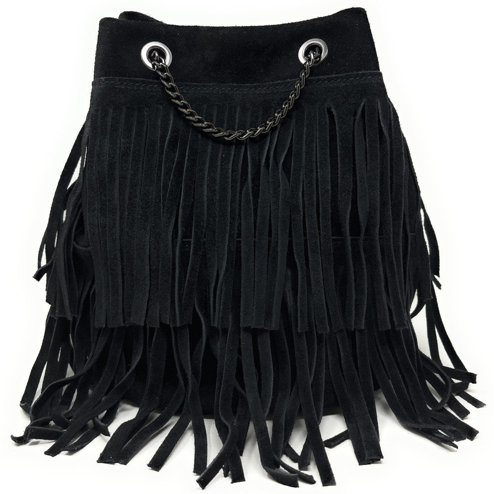 Sac à main à franges en croûte de cuir TADI Noir