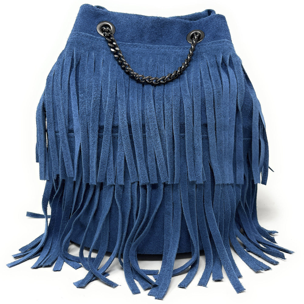 Sac à main à franges en croûte de cuir TADI Bleu denim