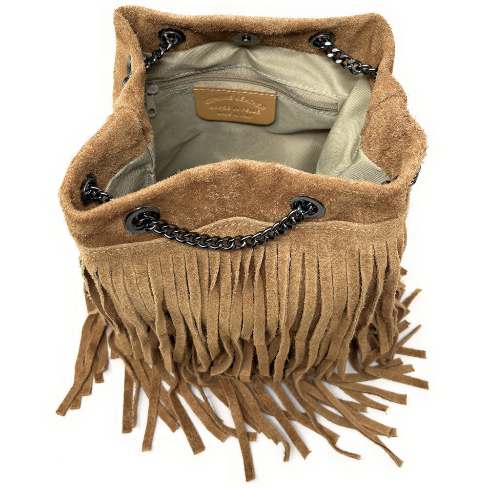 Sac à main à franges en croûte de cuir TADI Camel