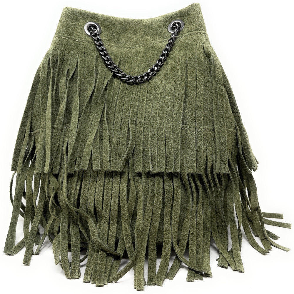 Sac à main à franges en croûte de cuir TADI Kaki