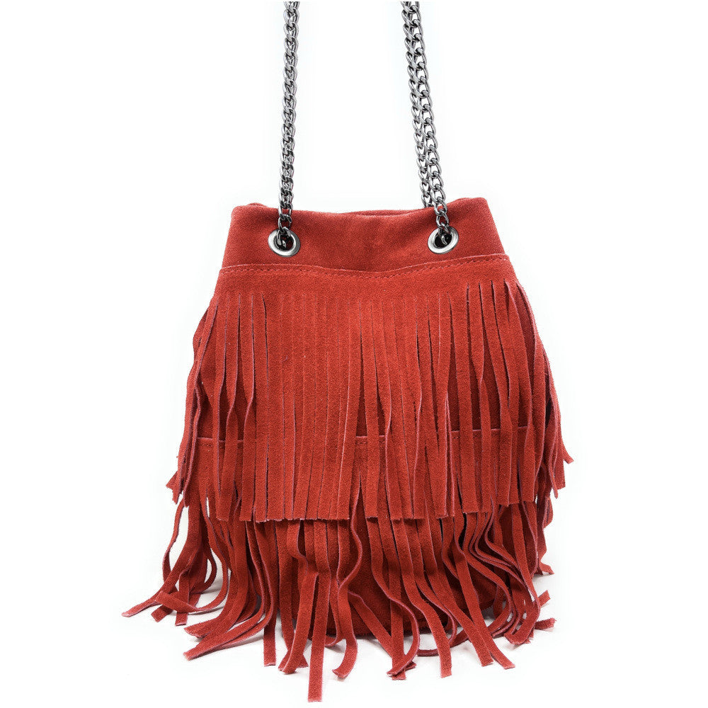 Sac à main à franges en croûte de cuir TADI Rouge garance