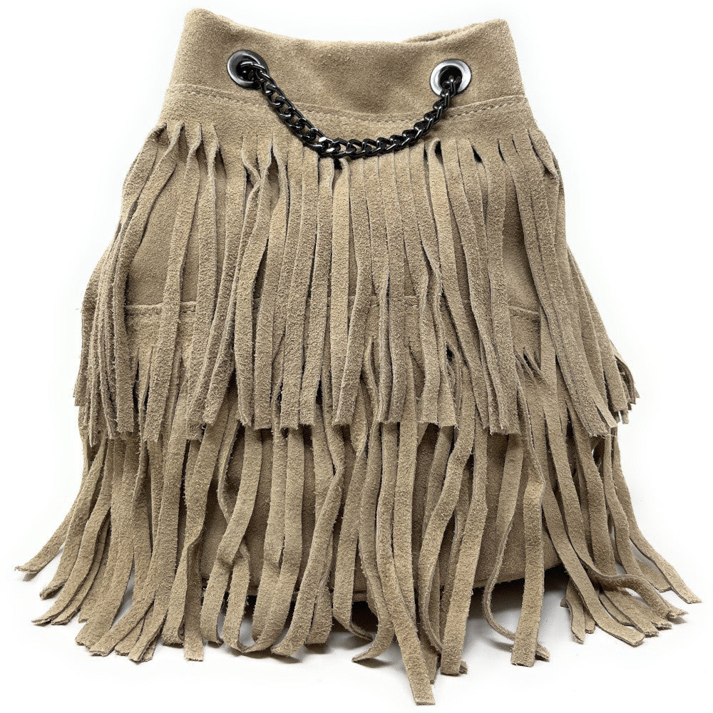 Sac à main à franges en croûte de cuir TADI Taupe