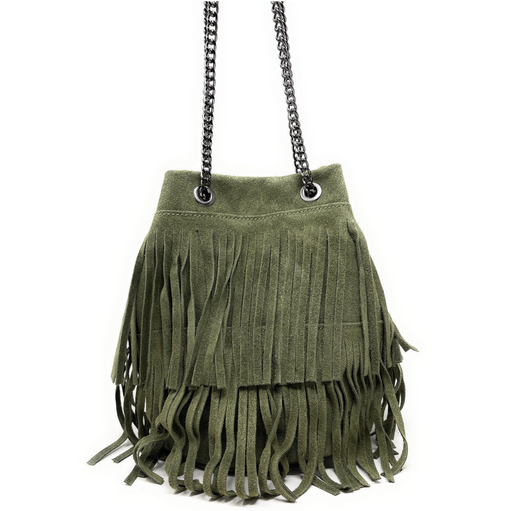 Sac à main à franges en croûte de cuir TADI Kaki