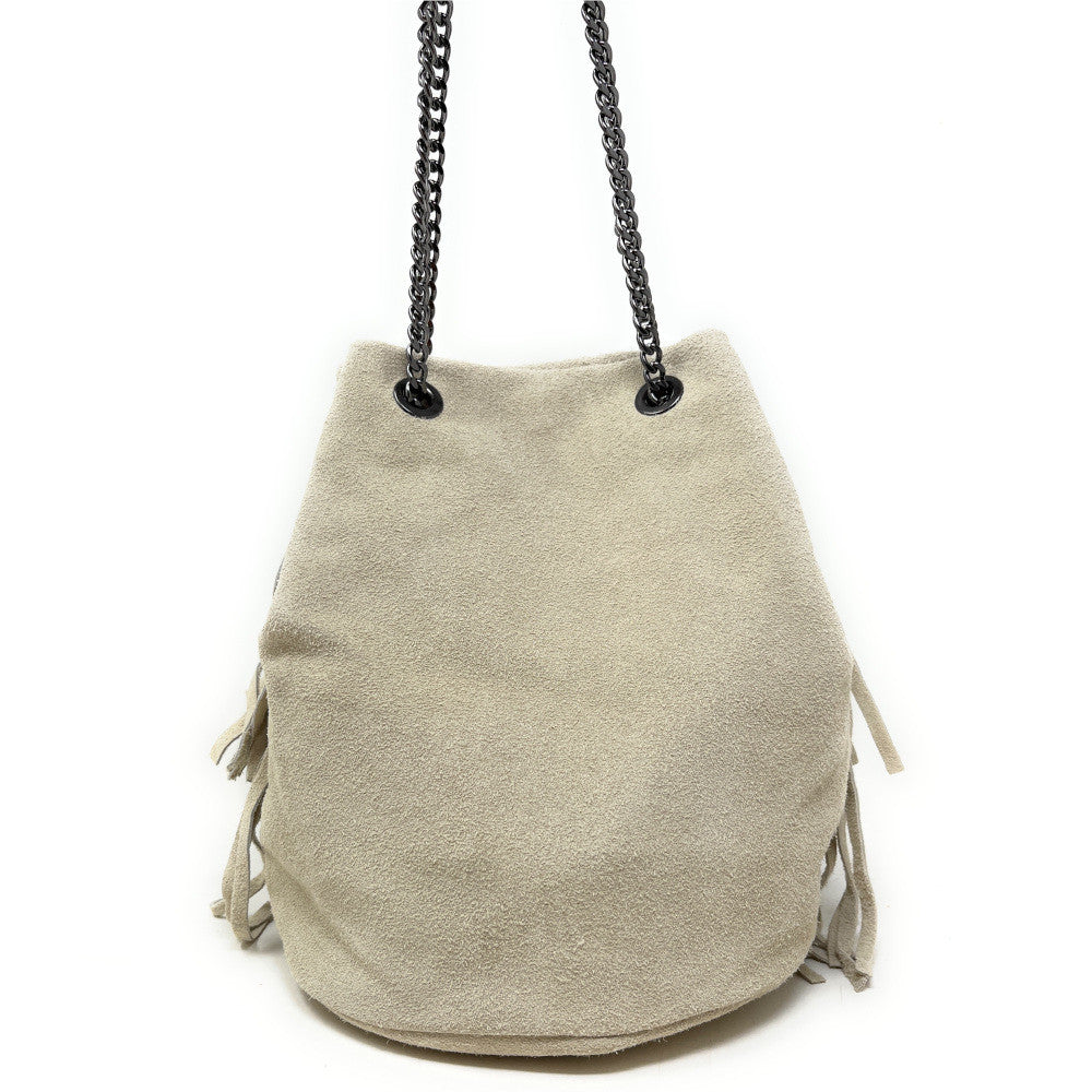 Sac à main à franges en croûte de cuir TADI Taupe clair