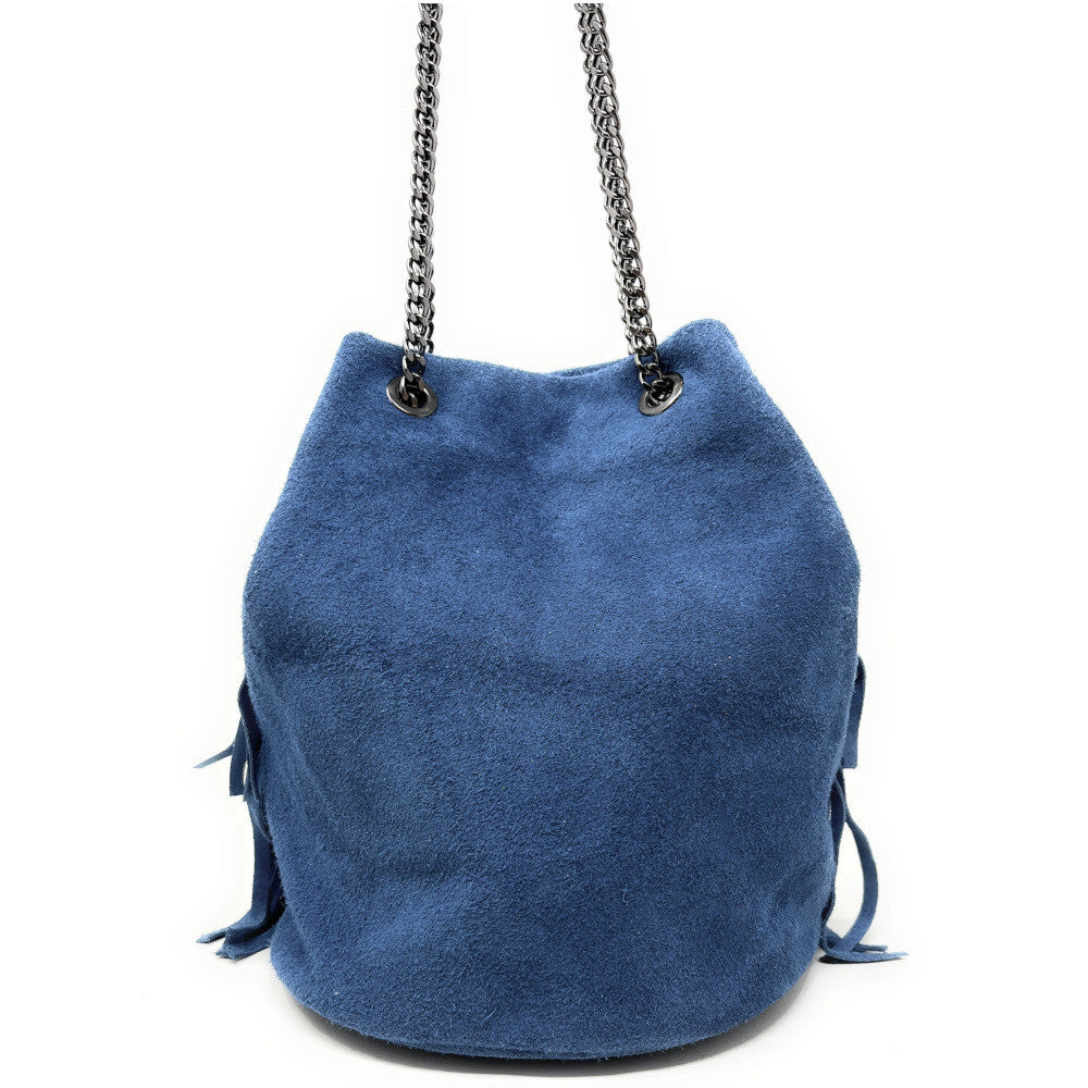 Sac à main à franges en croûte de cuir TADI Bleu denim