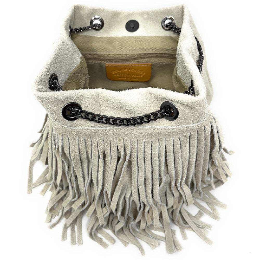 Sac à main à franges en croûte de cuir TADI Taupe clair