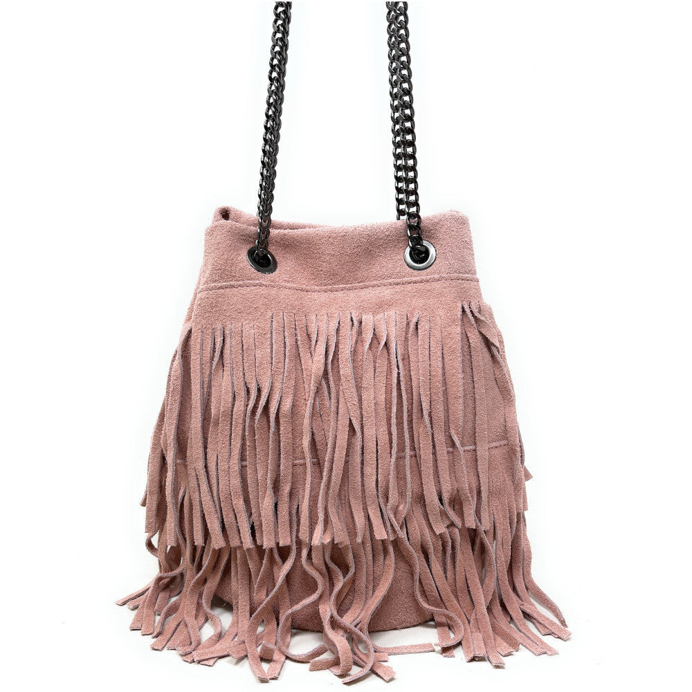 Sac à main à franges en croûte de cuir TADI Rose poudre