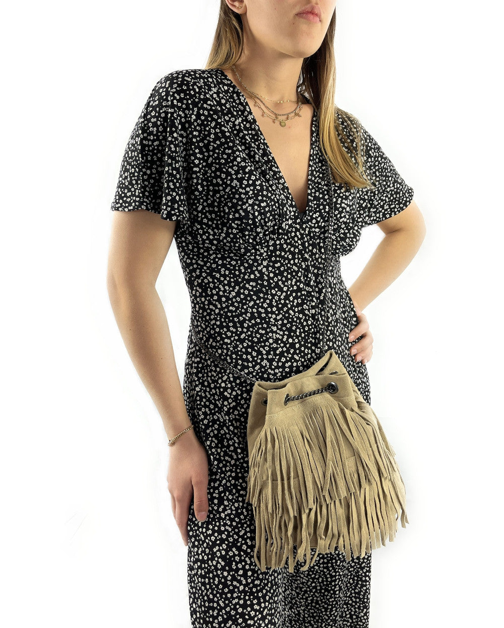 Sac à main à franges en croûte de cuir TADI Taupe