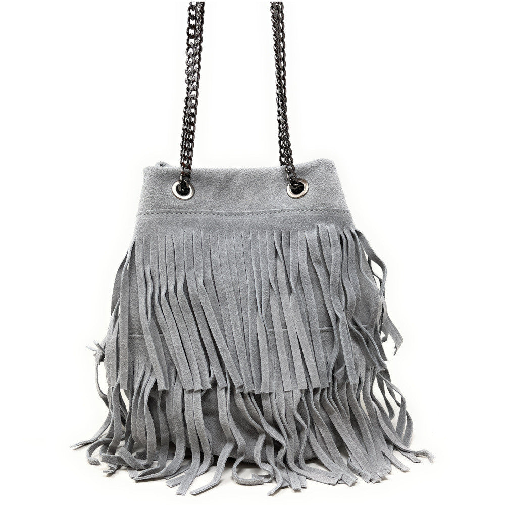 Sac à main à franges en croûte de cuir TADI Gris clair