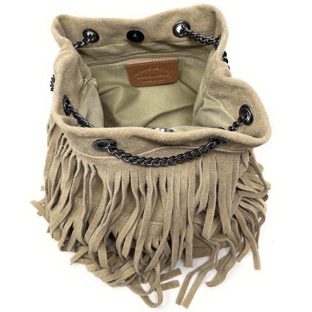 Sac à main à franges en croûte de cuir TADI Taupe