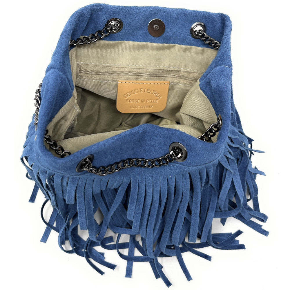 Sac à main à franges en croûte de cuir TADI Bleu denim
