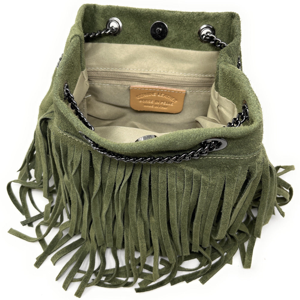 Sac à main à franges en croûte de cuir TADI Kaki