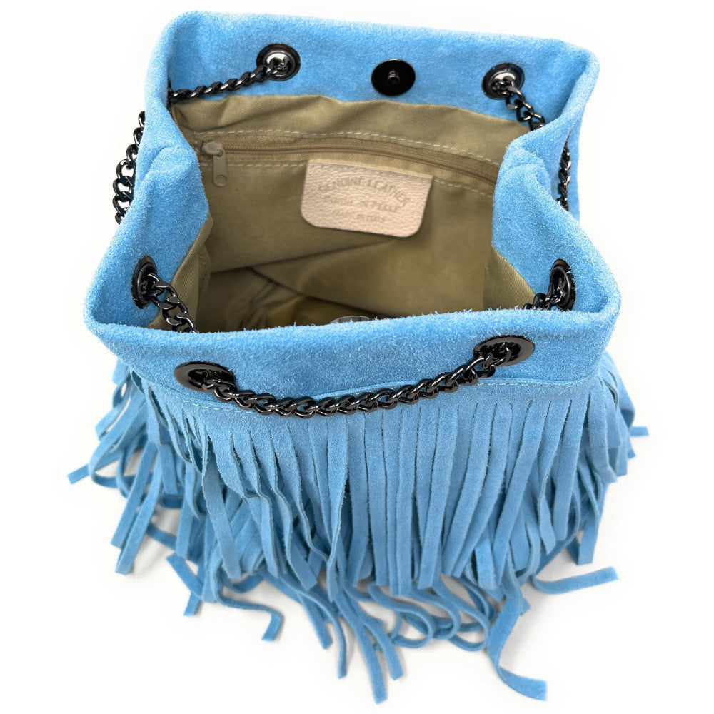 Sac à main à franges en croûte de cuir TADI Bleu céleste