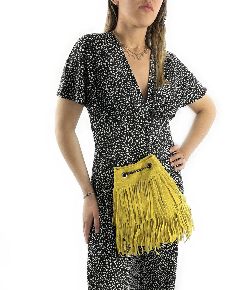 Sac à main à franges en croûte de cuir TADI Jaune tournesol