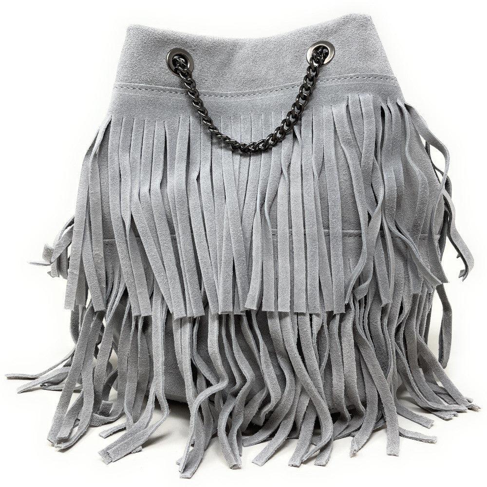Sac à main à franges en croûte de cuir TADI Gris clair