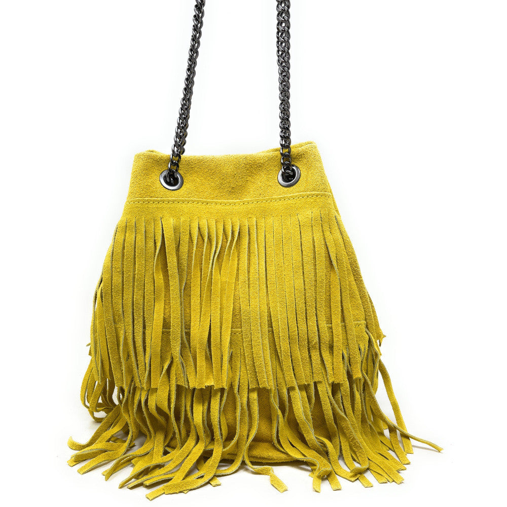 Sac à main à franges en croûte de cuir TADI Jaune tournesol
