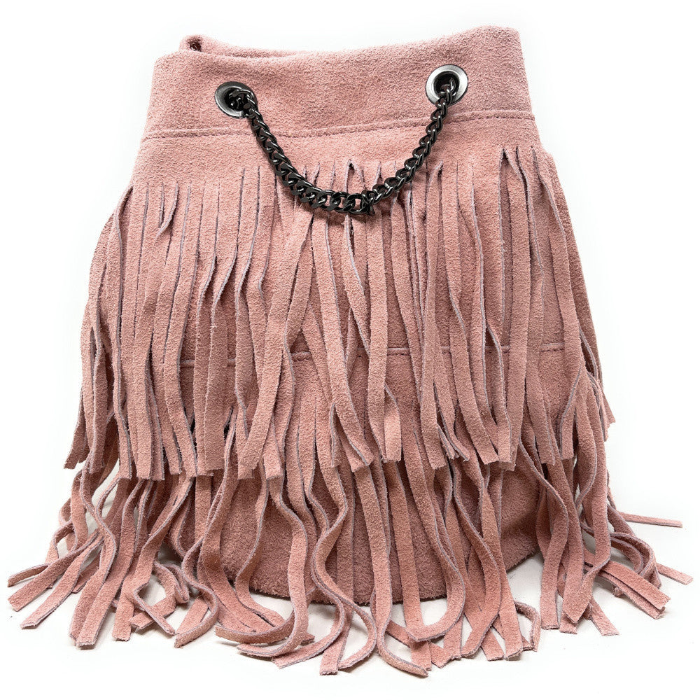 Sac à main à franges en croûte de cuir TADI Rose poudre