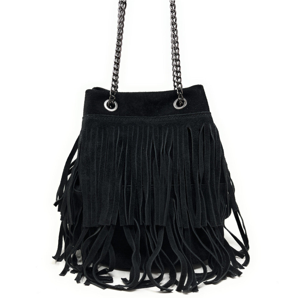 Sac à main à franges en croûte de cuir TADI Noir