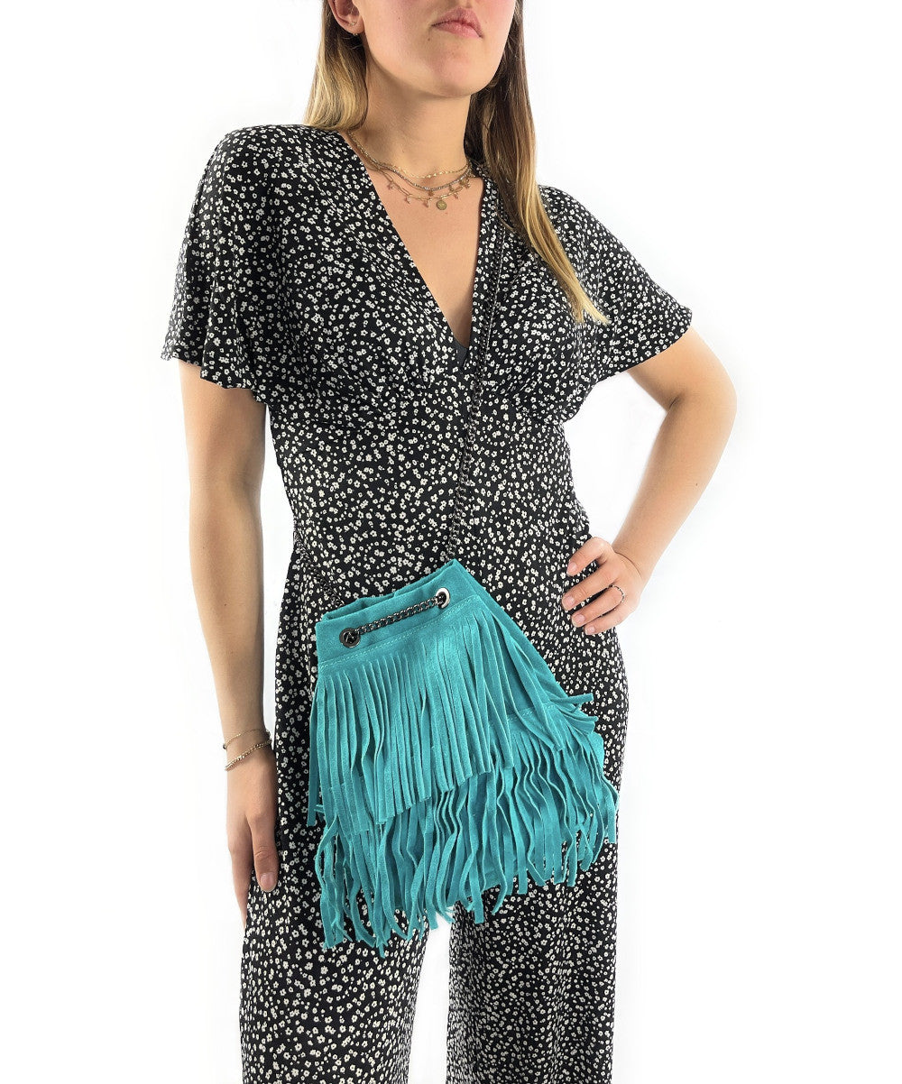Sac à main à franges en croûte de cuir TADI Bleu turquoise