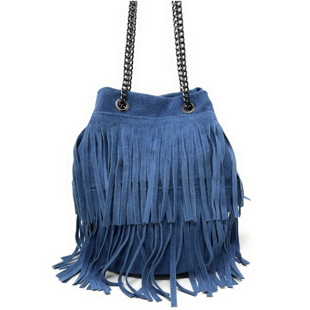Sac à main à franges en croûte de cuir TADI Bleu denim