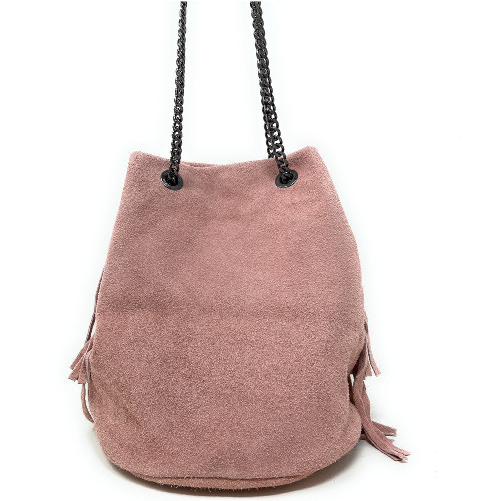 Sac à main à franges en croûte de cuir TADI Rose poudre