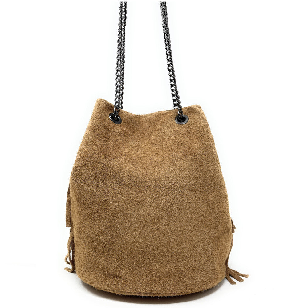 Sac à main à franges en croûte de cuir TADI Camel