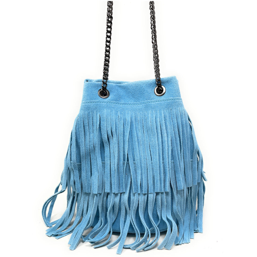 Sac à main à franges en croûte de cuir TADI Bleu céleste