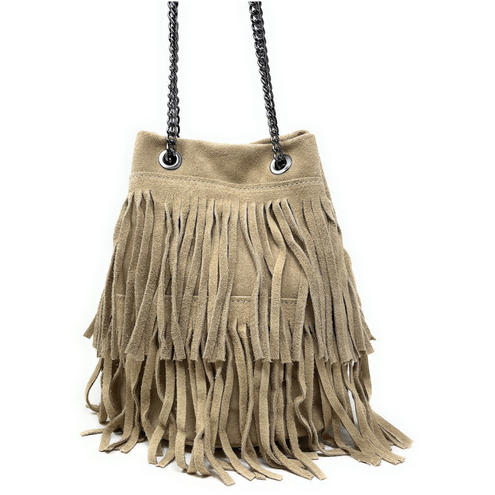 Sac à main à franges en croûte de cuir TADI Taupe