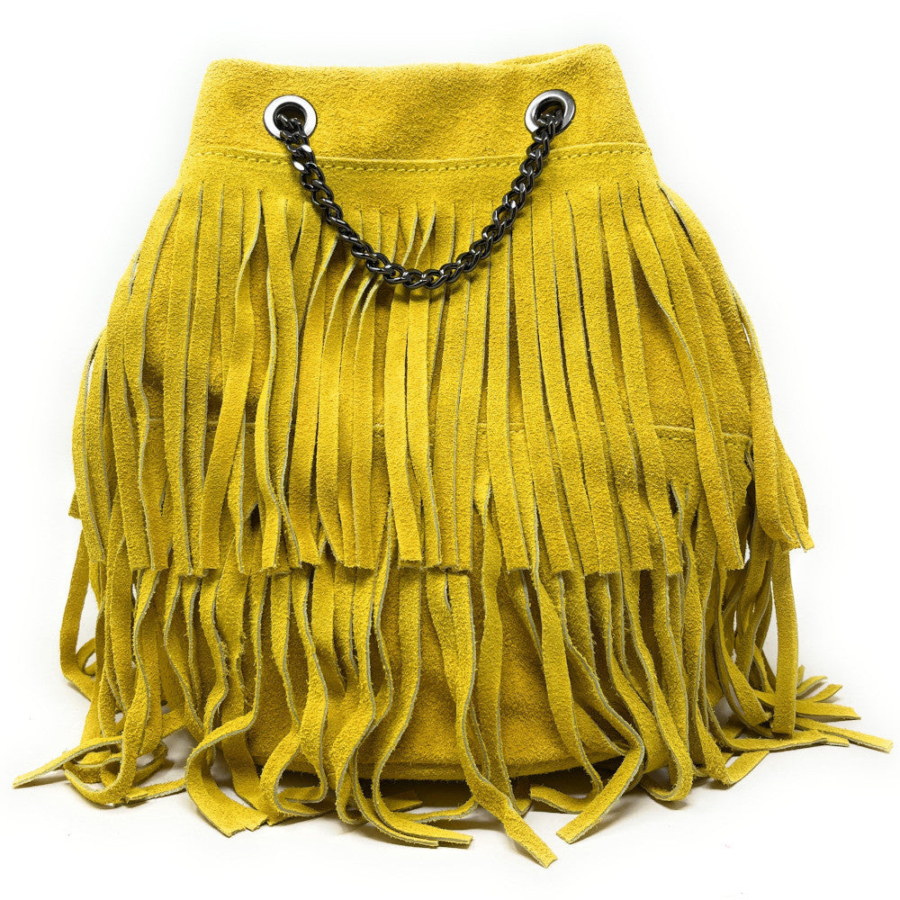 Sac à main à franges en croûte de cuir TADI Jaune tournesol