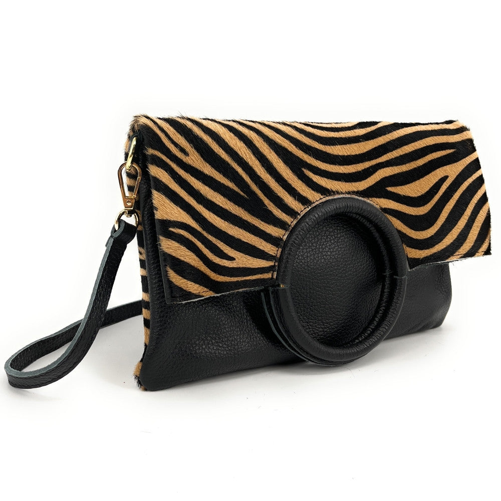 Sac pochette en cuir à motifs CHARLOTTE E.L. Zèbre camel