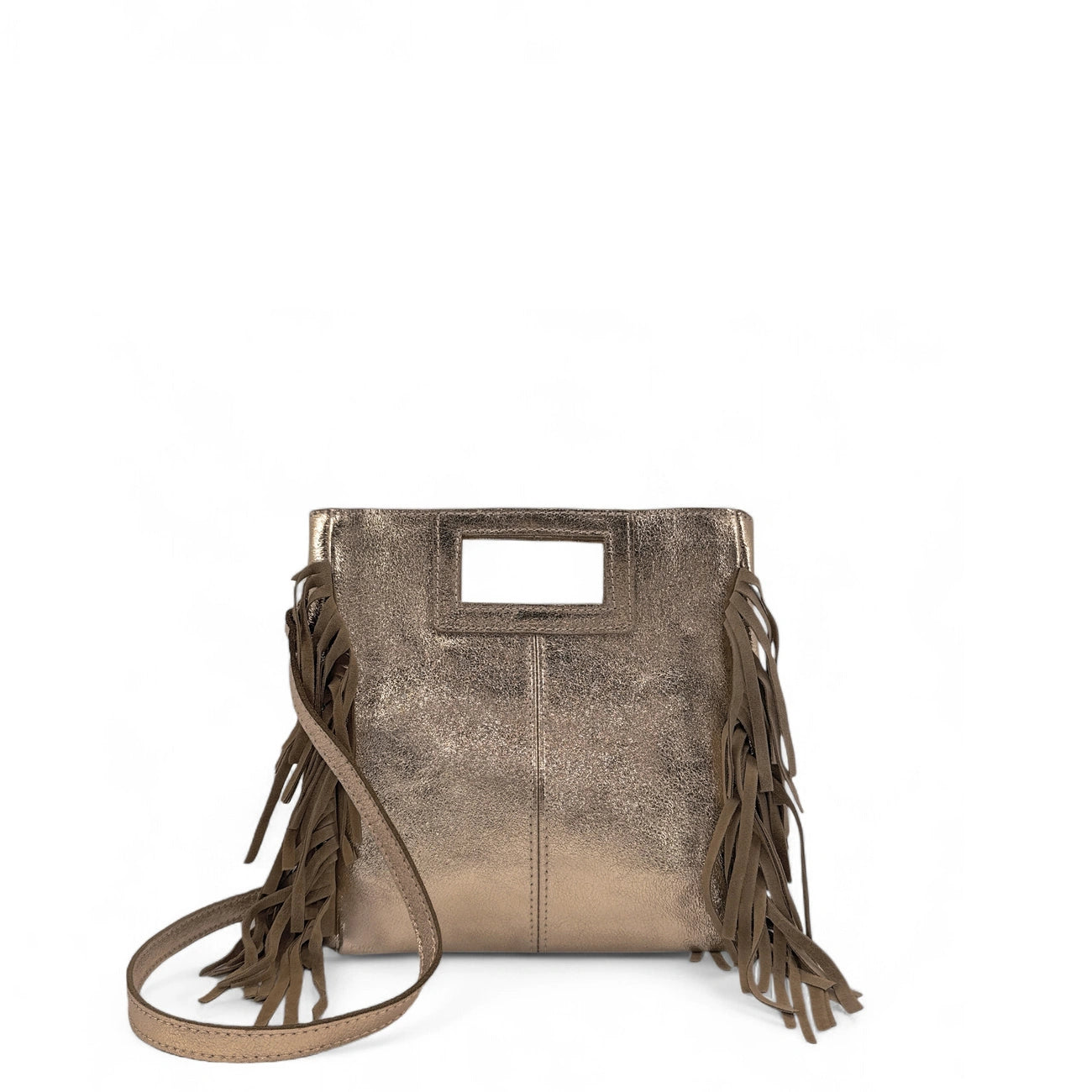 Sac à main bandoulière à franges en cuir irisé et daim ENOLA Champagne irisé