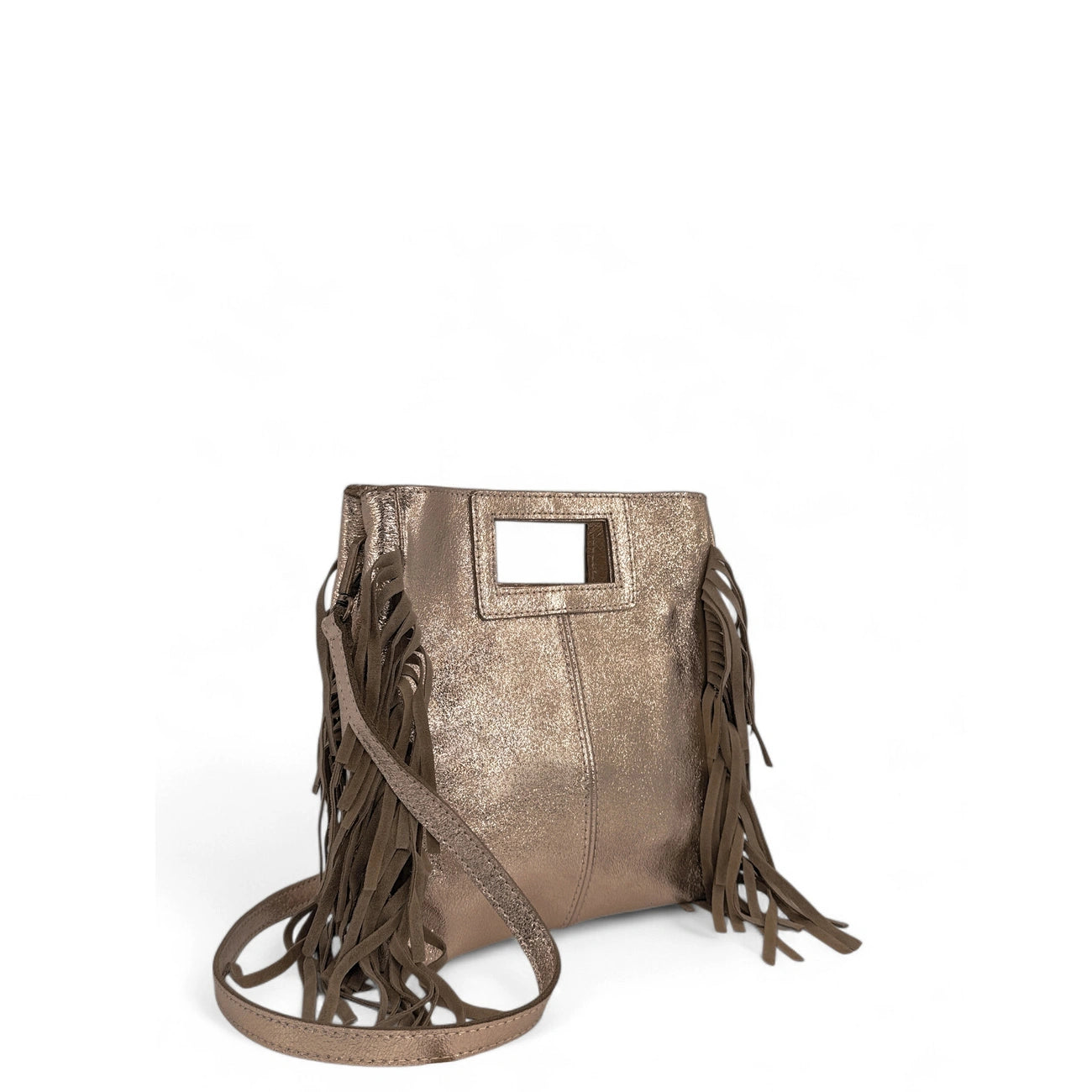 Sac à main bandoulière à franges en cuir irisé et daim ENOLA Champagne irisé