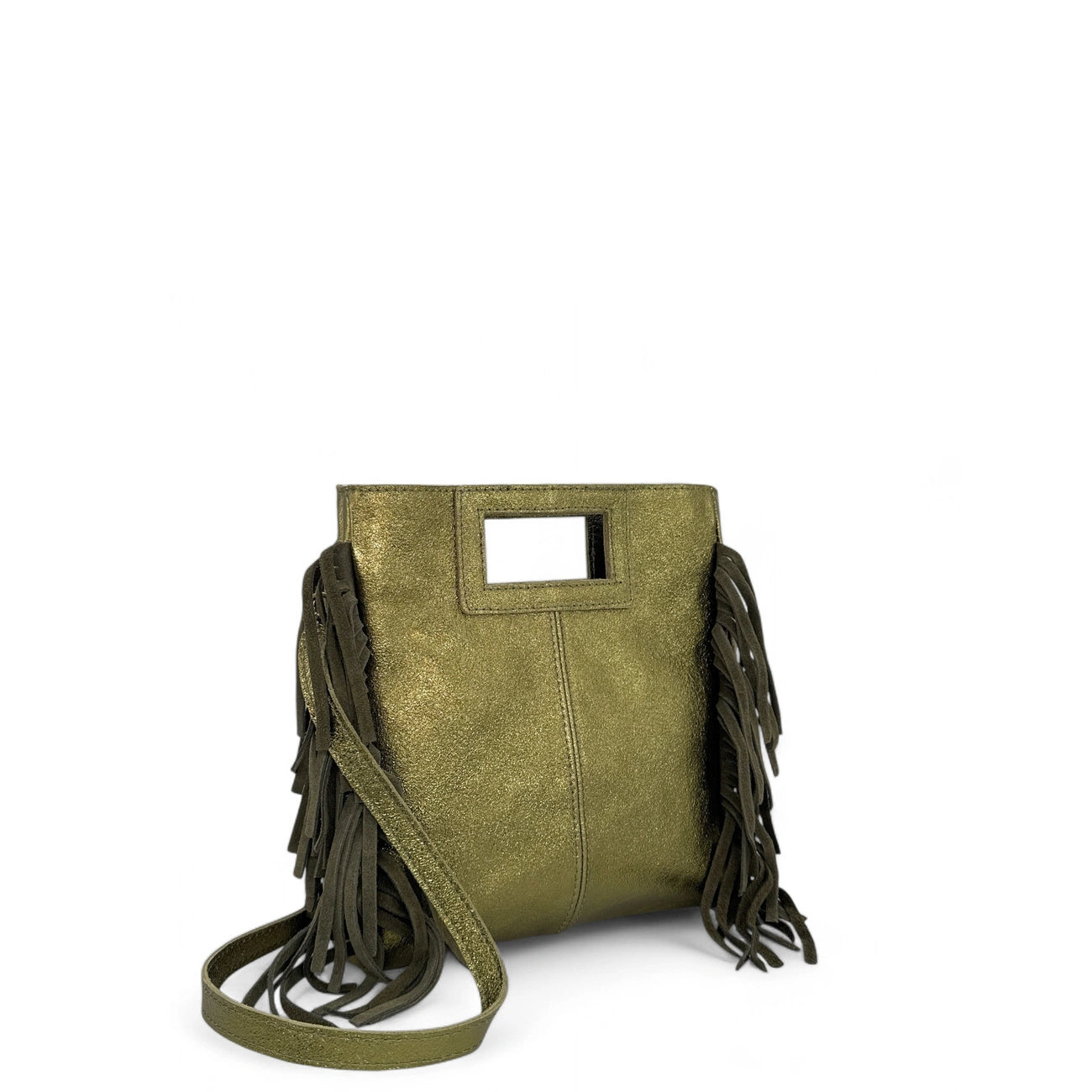 Borsa main frangia in pelle irisé e pelle scamosciata ENOLA Cachi irise