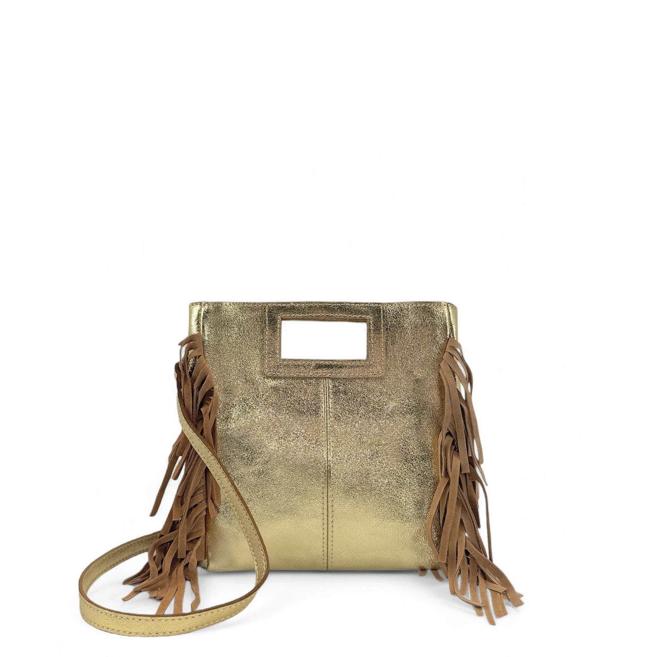 Borsa main frangia in pelle irisé e pelle scamosciata ENOLA Oro pallido