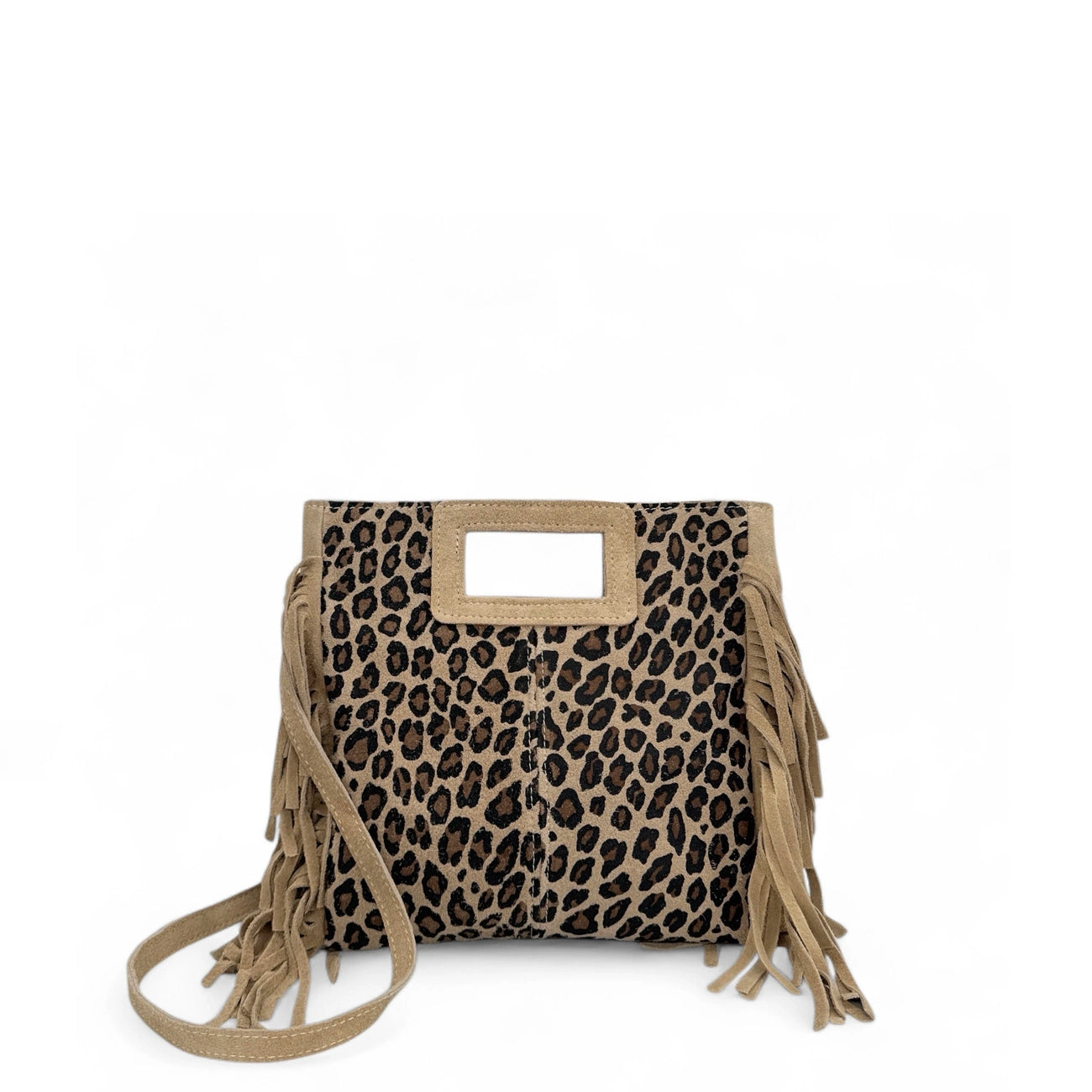 Sac à main en croûte de cuir imprimé léopard ENOLA LEO Ocelot taupe clair