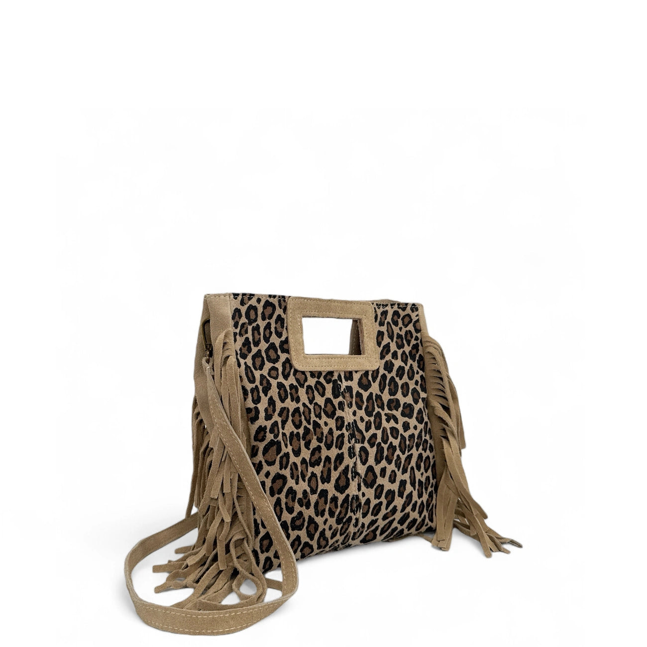 Sac à main en croûte de cuir imprimé léopard ENOLA LEO Ocelot taupe clair